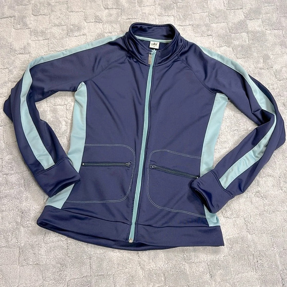 Alo Cool Fit 2 Tone Athletic Performance Zipper Front Scuba Jacket / Navy & Mint - Picture 1 of 6